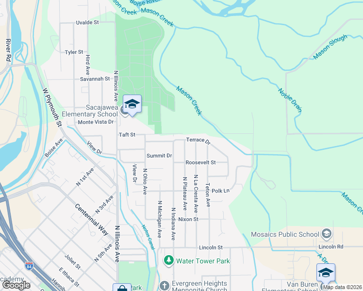 map of restaurants, bars, coffee shops, grocery stores, and more near 1510 North Indiana Avenue in Caldwell
