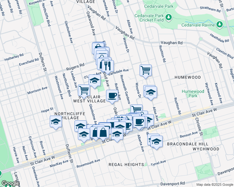 map of restaurants, bars, coffee shops, grocery stores, and more near 102 Robina Avenue in Toronto