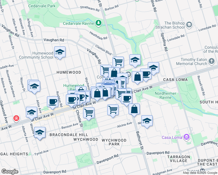 map of restaurants, bars, coffee shops, grocery stores, and more near 99 Vaughan Road in Toronto
