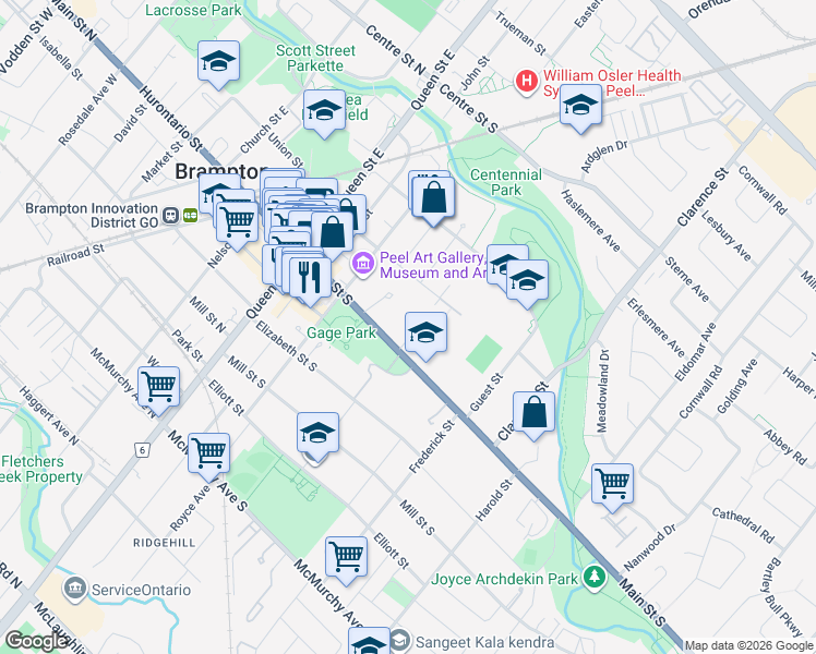map of restaurants, bars, coffee shops, grocery stores, and more near 62 Main Street South in Brampton