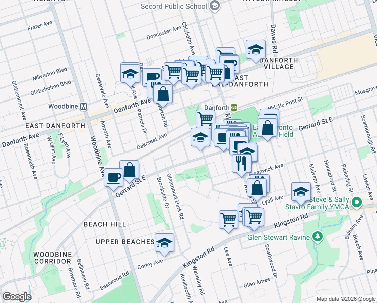 map of restaurants, bars, coffee shops, grocery stores, and more near 7 Woodlee Road in Toronto