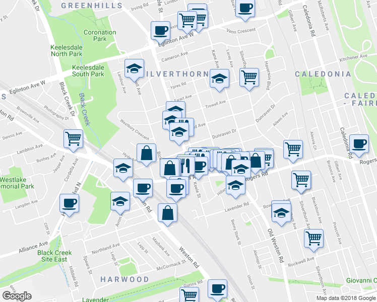 map of restaurants, bars, coffee shops, grocery stores, and more near 1657 Keele Street in Toronto