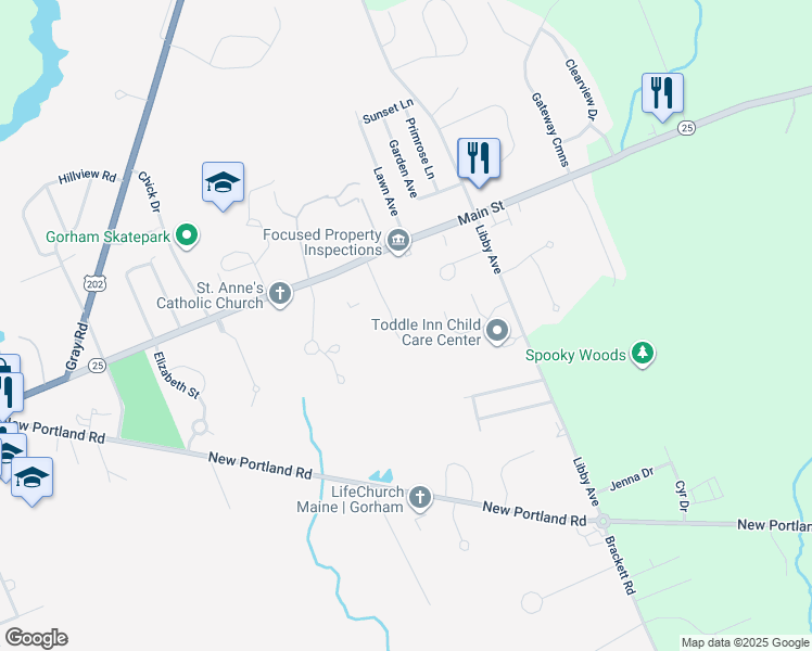 map of restaurants, bars, coffee shops, grocery stores, and more near 35 Joseph Drive in Gorham