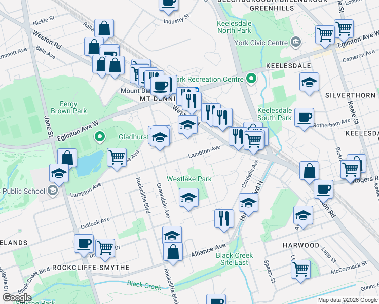 map of restaurants, bars, coffee shops, grocery stores, and more near 40 Lambton Avenue in Toronto