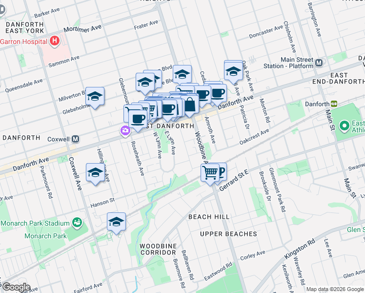 map of restaurants, bars, coffee shops, grocery stores, and more near 54 Moberly Avenue in Toronto
