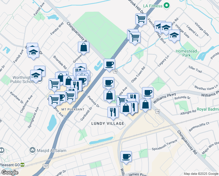 map of restaurants, bars, coffee shops, grocery stores, and more near 45 Olympia Crescent in Brampton