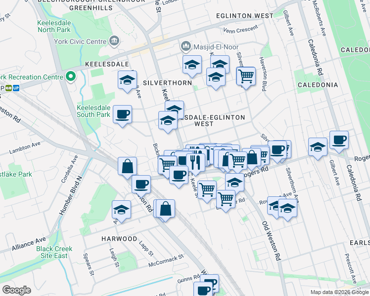 map of restaurants, bars, coffee shops, grocery stores, and more near in Toronto