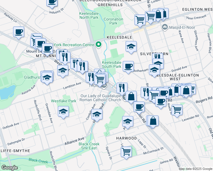map of restaurants, bars, coffee shops, grocery stores, and more near Black Creek Drive in Toronto