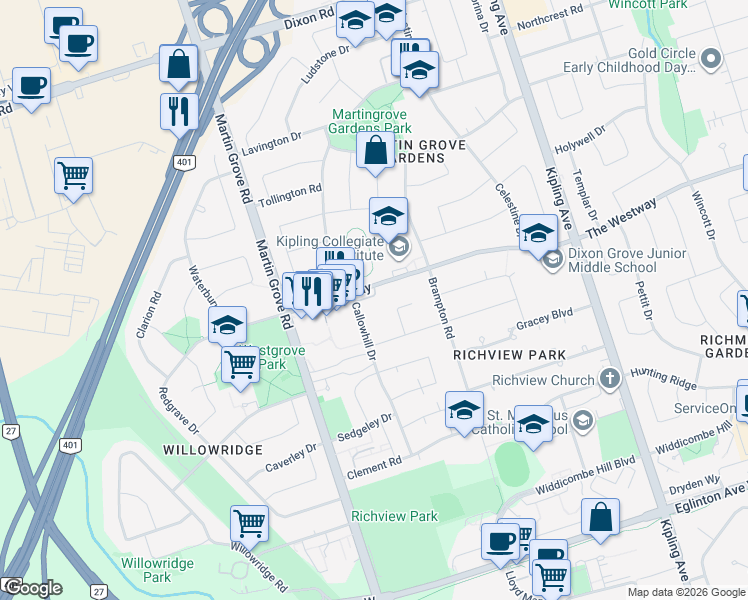 map of restaurants, bars, coffee shops, grocery stores, and more near 389 The Westway in Toronto
