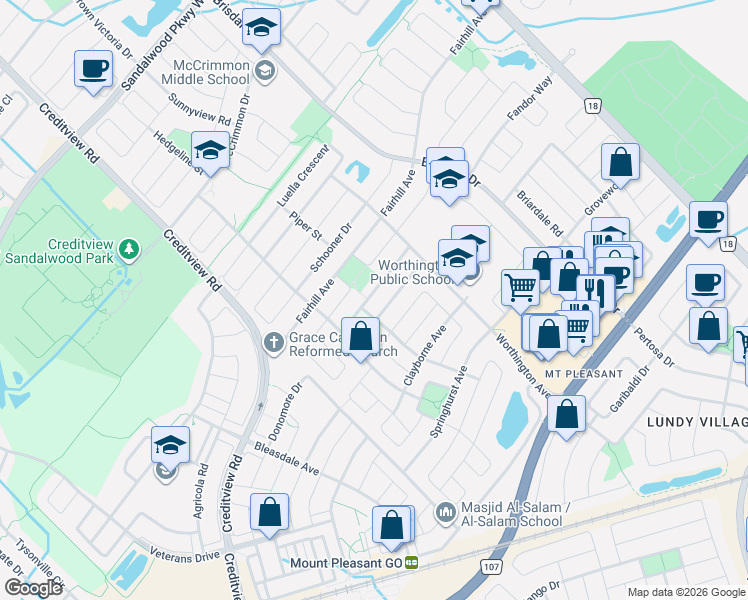 map of restaurants, bars, coffee shops, grocery stores, and more near 26 Spencer Drive in Brampton