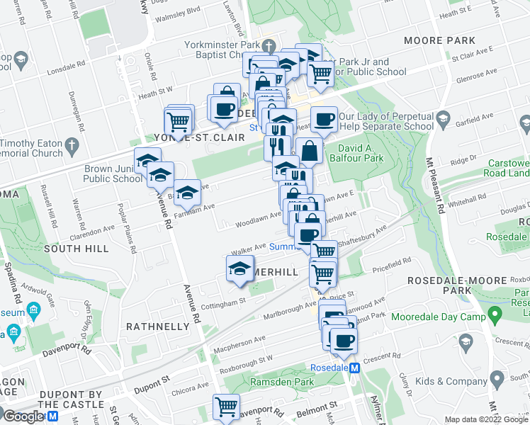 map of restaurants, bars, coffee shops, grocery stores, and more near 36 Woodlawn Avenue West in Toronto