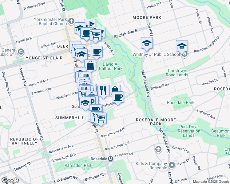 map of restaurants, bars, coffee shops, grocery stores, and more near 95 Summerhill Avenue in Toronto