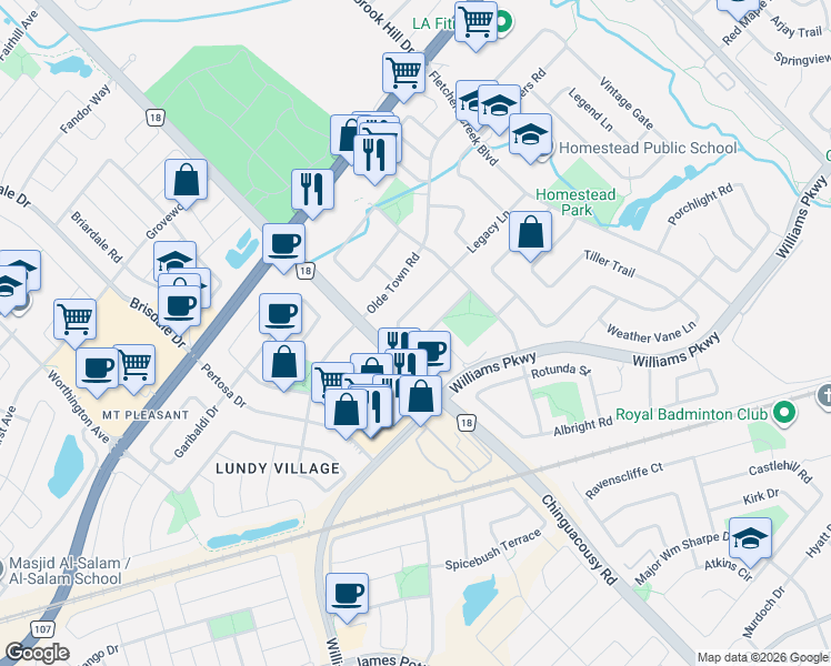 map of restaurants, bars, coffee shops, grocery stores, and more near 50 Culture Crescent in Brampton