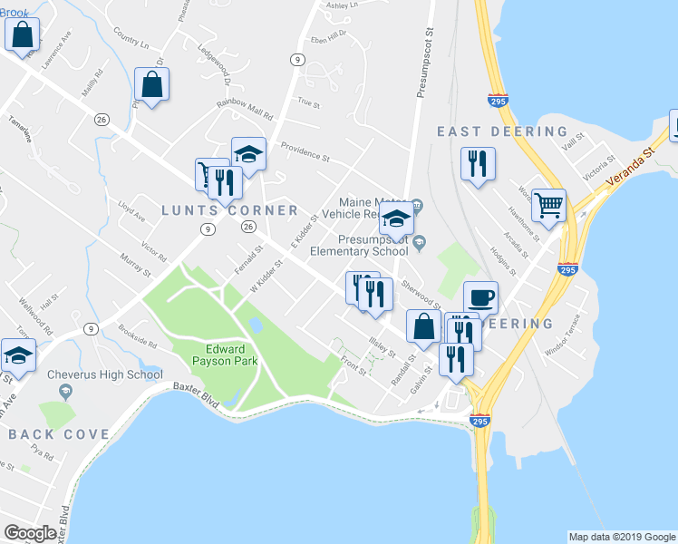 map of restaurants, bars, coffee shops, grocery stores, and more near 268 Sherwood Street in Portland