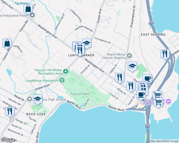 map of restaurants, bars, coffee shops, grocery stores, and more near 3 Lynda Road in Portland