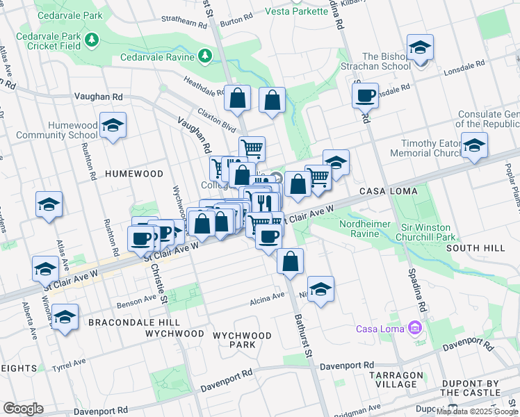 map of restaurants, bars, coffee shops, grocery stores, and more near in Toronto