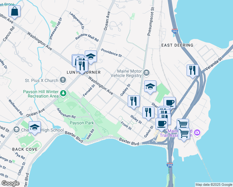 map of restaurants, bars, coffee shops, grocery stores, and more near 16 Inverness Street in Portland
