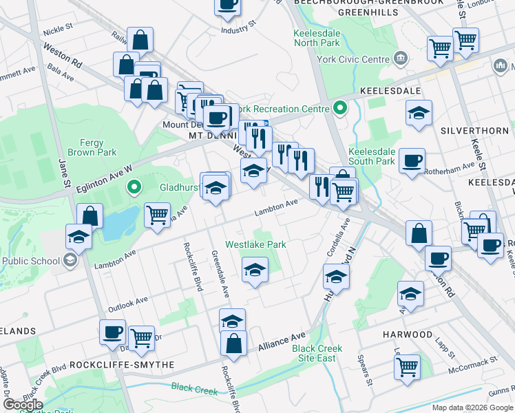 map of restaurants, bars, coffee shops, grocery stores, and more near 38 Lambton Avenue in Toronto