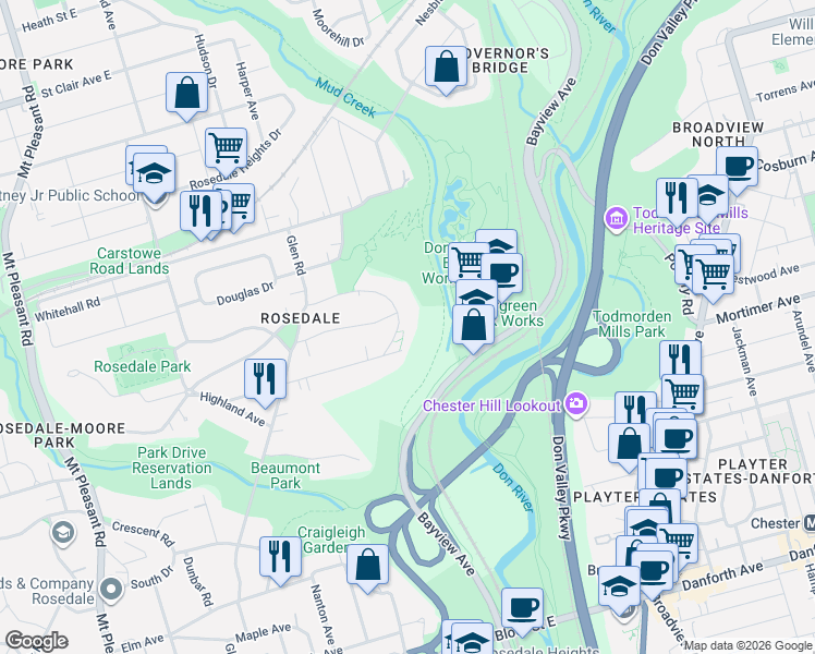 map of restaurants, bars, coffee shops, grocery stores, and more near 208 Roxborough Drive in Toronto
