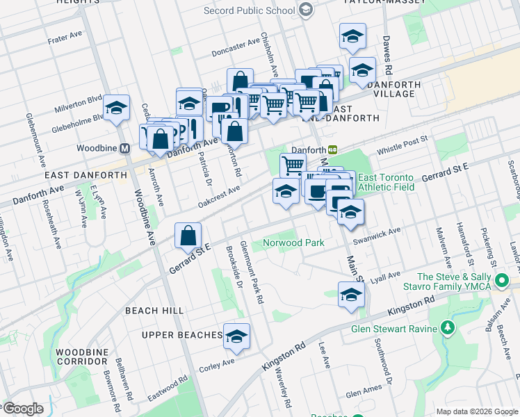 map of restaurants, bars, coffee shops, grocery stores, and more near 16 Woodlee Road in Toronto