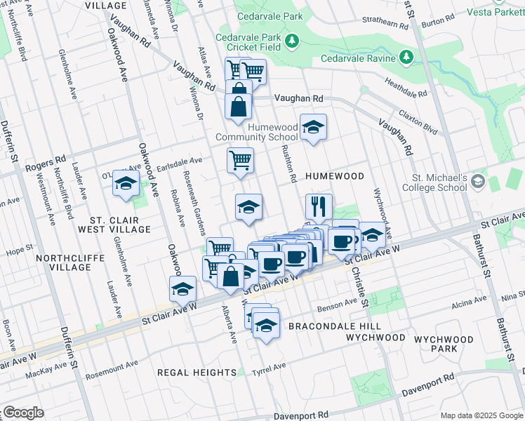 map of restaurants, bars, coffee shops, grocery stores, and more near 10 Winnett Avenue in Toronto