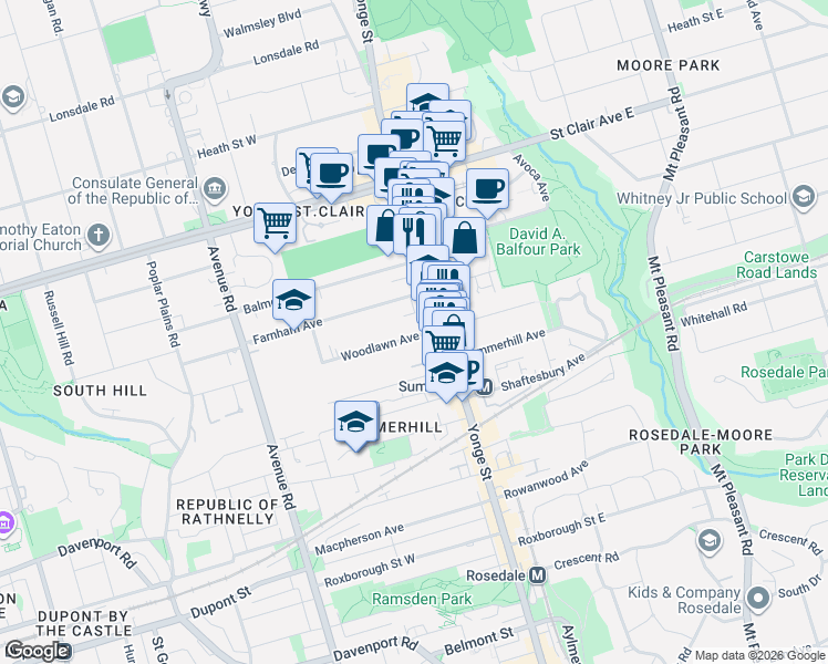map of restaurants, bars, coffee shops, grocery stores, and more near 20 B Woodlawn Avenue West in Toronto