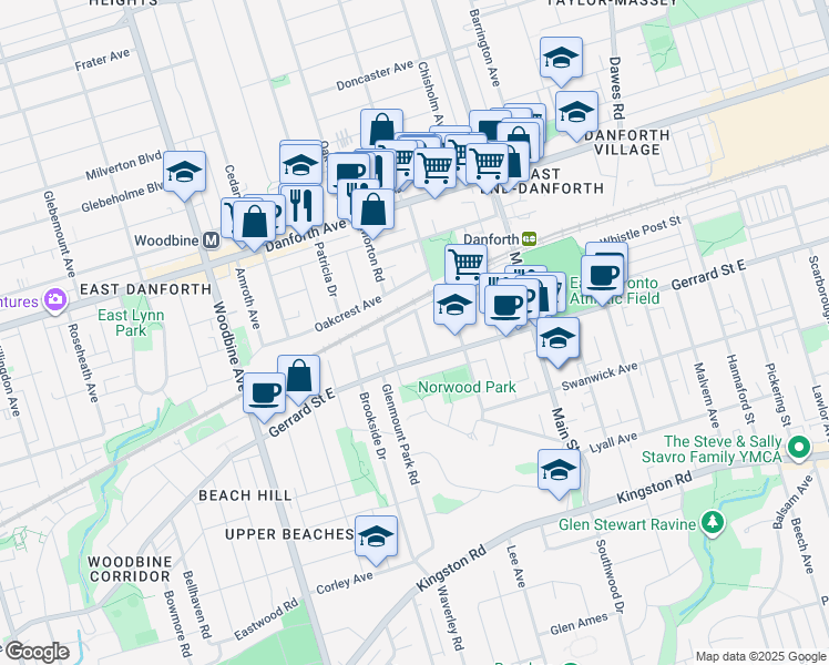 map of restaurants, bars, coffee shops, grocery stores, and more near 16 Woodlee Road in Toronto