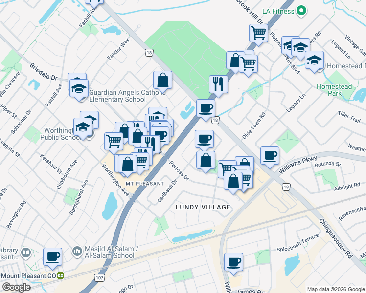 map of restaurants, bars, coffee shops, grocery stores, and more near 32 Summerdale Crescent in Brampton