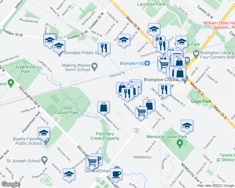 map of restaurants, bars, coffee shops, grocery stores, and more near 20 Denison Avenue in Brampton