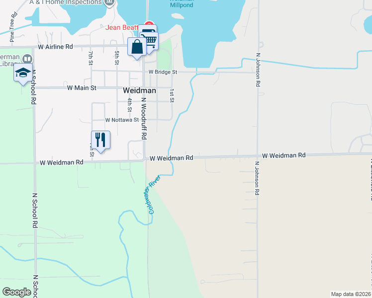 map of restaurants, bars, coffee shops, grocery stores, and more near 5752-5790 West Weidman Road in Weidman