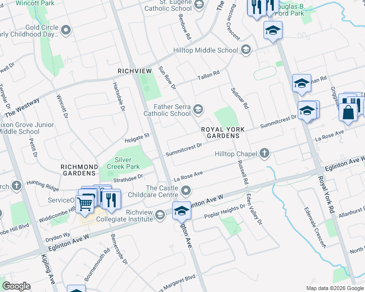 map of restaurants, bars, coffee shops, grocery stores, and more near 100 Summitcrest Drive in Toronto