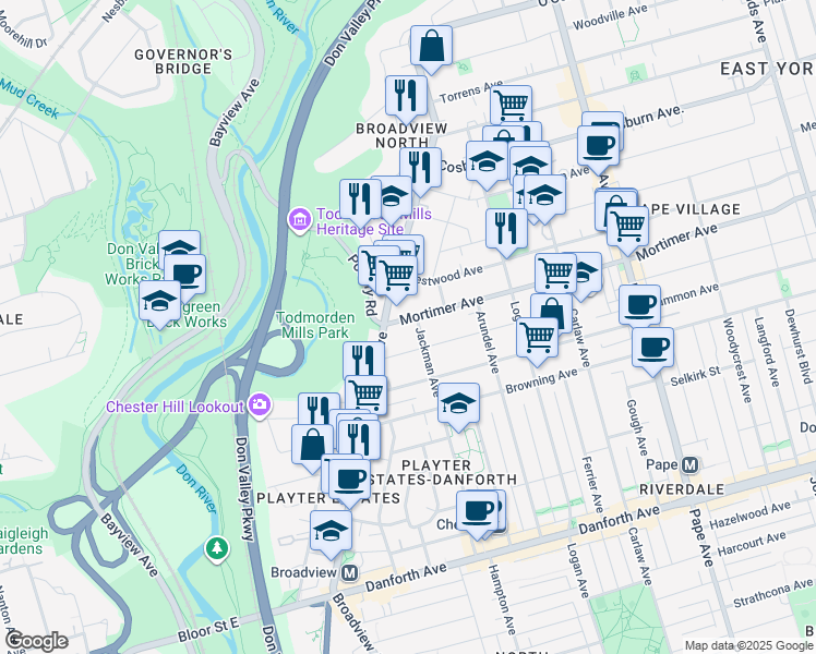 map of restaurants, bars, coffee shops, grocery stores, and more near 11 Mortimer Avenue in Toronto