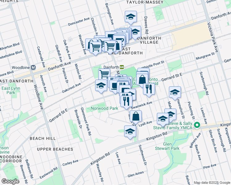 map of restaurants, bars, coffee shops, grocery stores, and more near 2198 Gerrard Street East in Toronto
