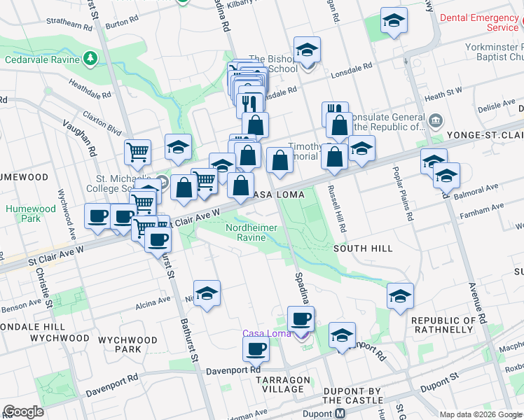 map of restaurants, bars, coffee shops, grocery stores, and more near 349 Saint Clair Avenue West in Toronto