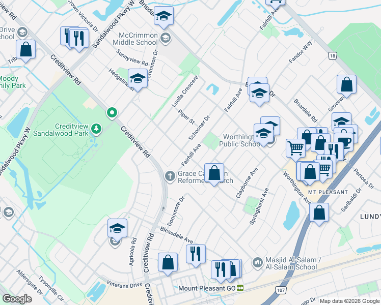 map of restaurants, bars, coffee shops, grocery stores, and more near 30 Fairhill Avenue in Brampton