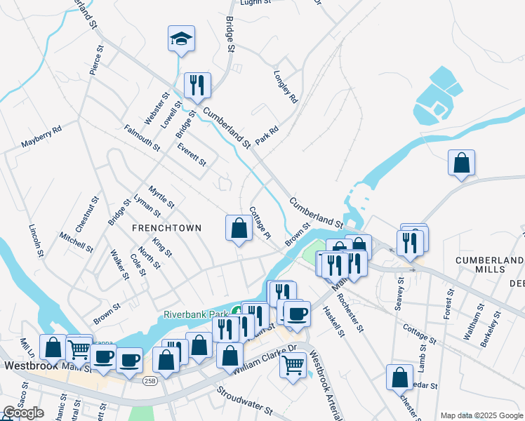 map of restaurants, bars, coffee shops, grocery stores, and more near 80 Cottage Place in Westbrook