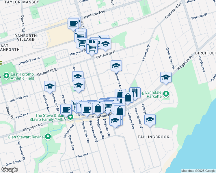map of restaurants, bars, coffee shops, grocery stores, and more near in Toronto