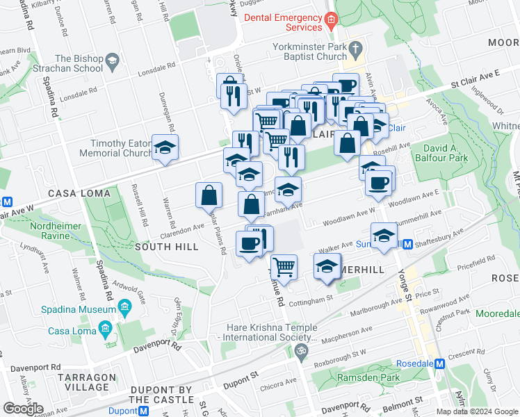 map of restaurants, bars, coffee shops, grocery stores, and more near in Toronto