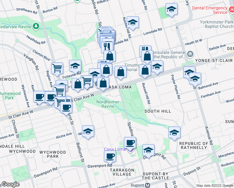 map of restaurants, bars, coffee shops, grocery stores, and more near in Toronto