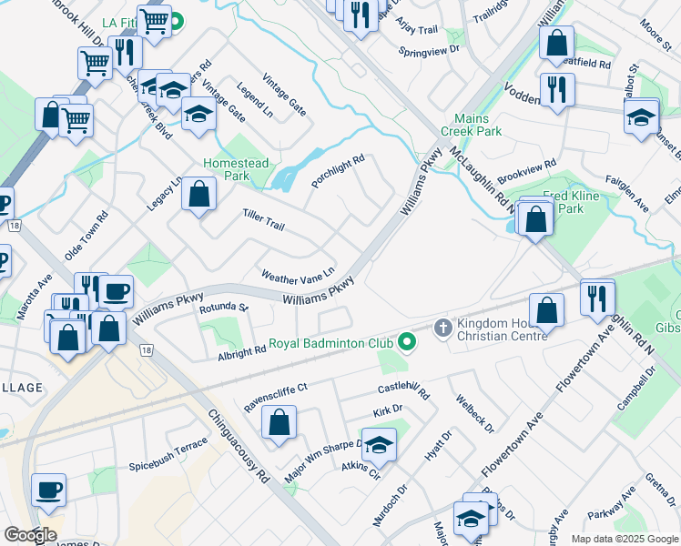 map of restaurants, bars, coffee shops, grocery stores, and more near 14 Weather Vane Lane in Brampton