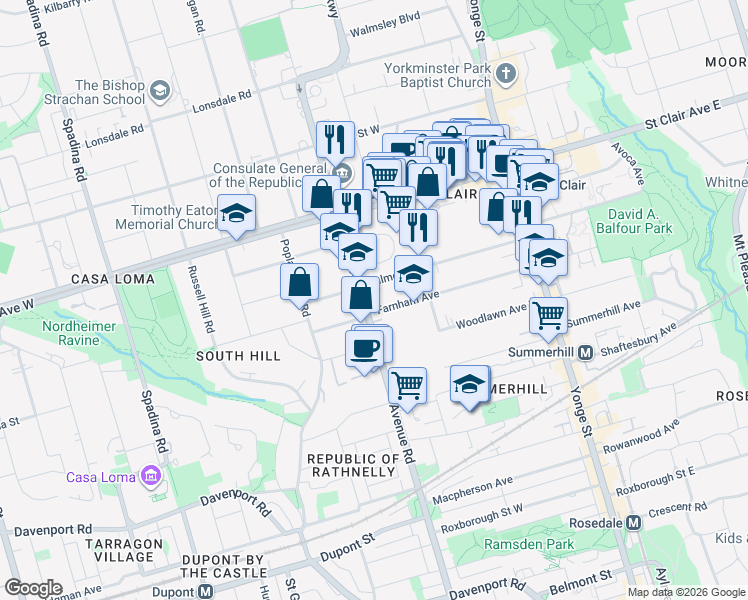 map of restaurants, bars, coffee shops, grocery stores, and more near 150 Farnham Avenue in Toronto