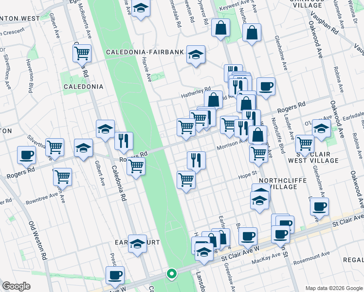map of restaurants, bars, coffee shops, grocery stores, and more near 246 Nairn Avenue in Toronto