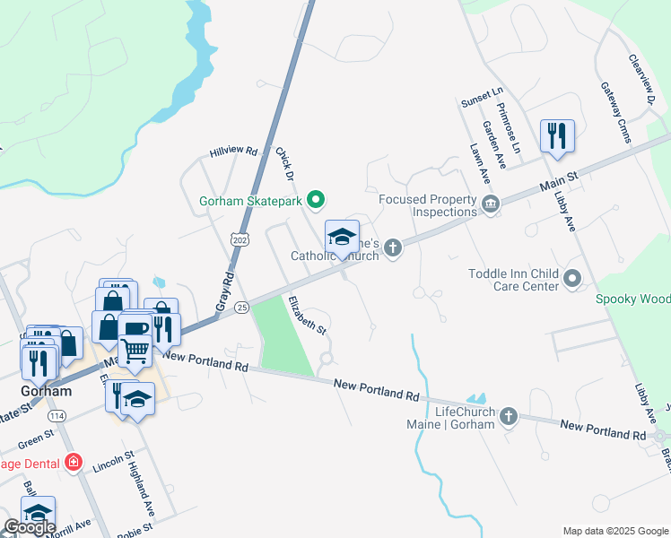 map of restaurants, bars, coffee shops, grocery stores, and more near 270 Main Street in Gorham