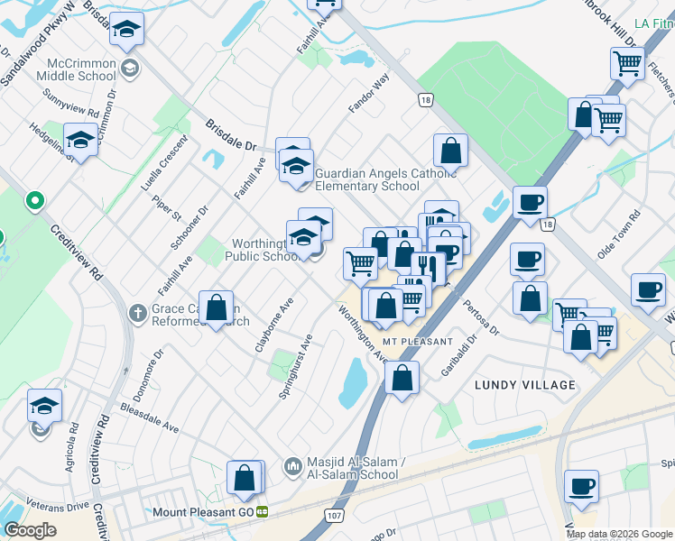 map of restaurants, bars, coffee shops, grocery stores, and more near Morgandale Road in Brampton