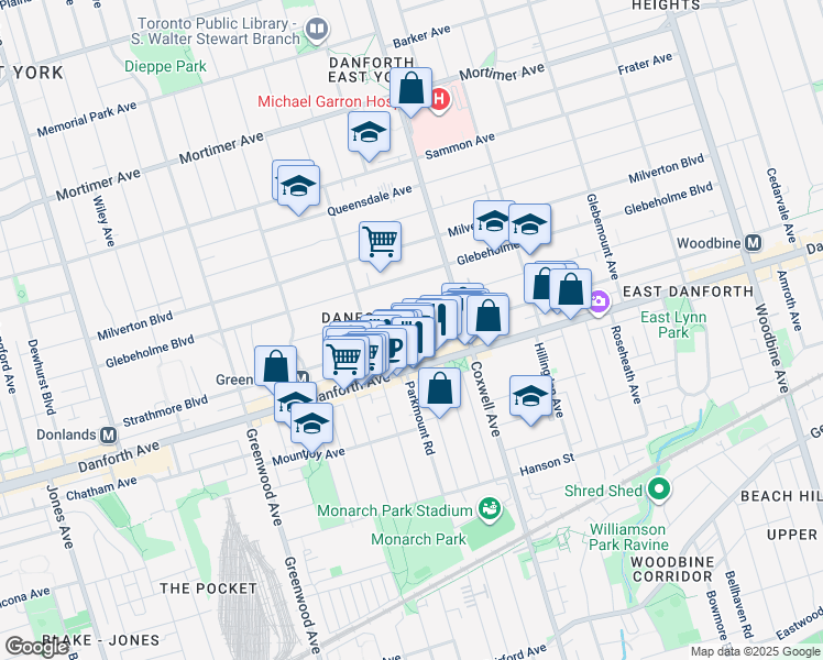 map of restaurants, bars, coffee shops, grocery stores, and more near 306 Strathmore Boulevard in Toronto