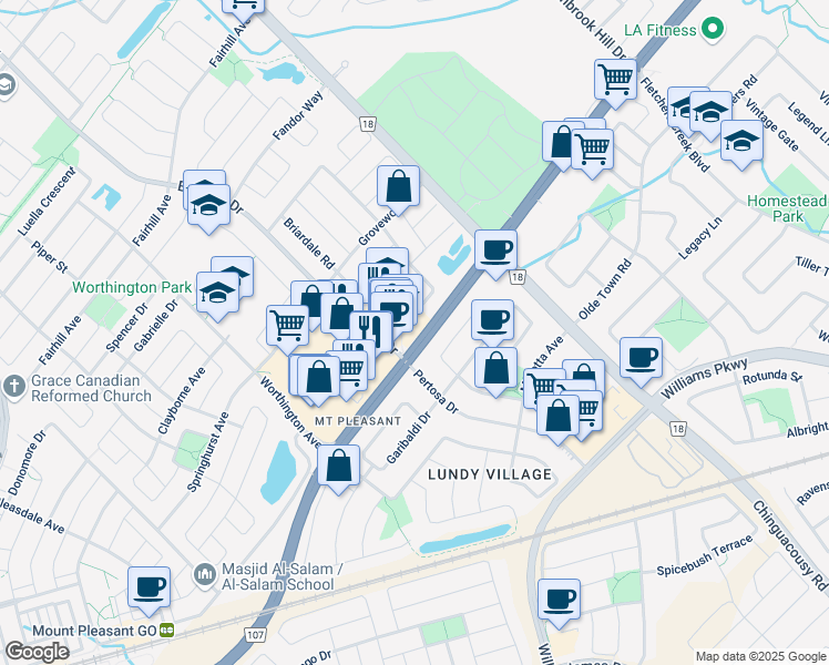 map of restaurants, bars, coffee shops, grocery stores, and more near 5 Brisdale Drive in Brampton
