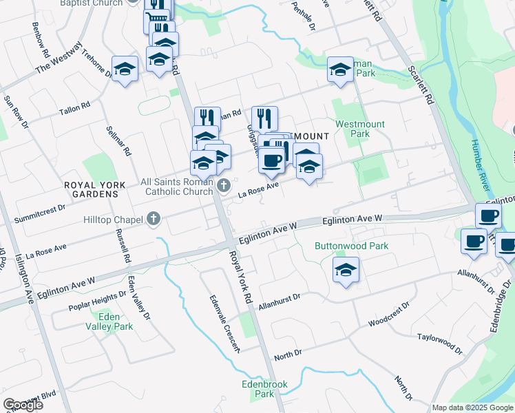 map of restaurants, bars, coffee shops, grocery stores, and more near 165 La Rose Avenue in Toronto