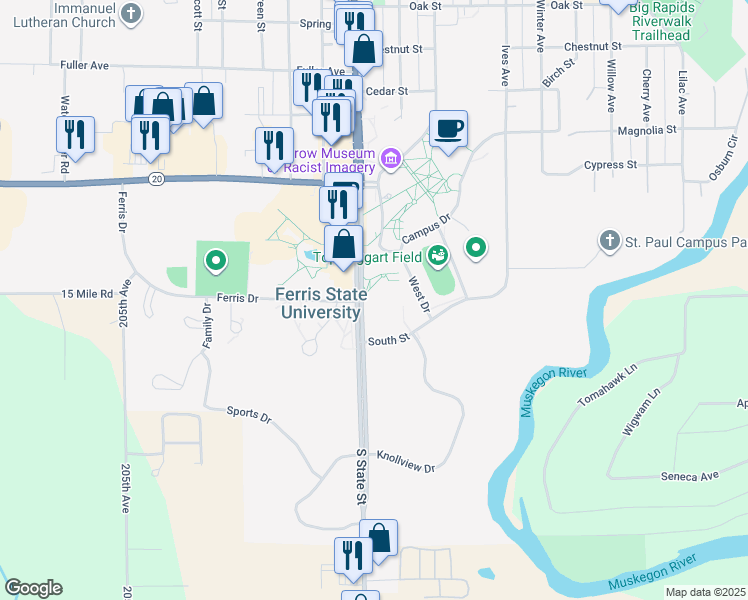 map of restaurants, bars, coffee shops, grocery stores, and more near 1201 South State Street in Big Rapids
