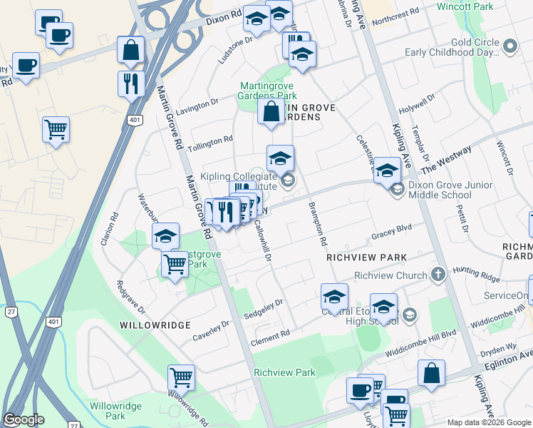 map of restaurants, bars, coffee shops, grocery stores, and more near 397 The Westway in Toronto