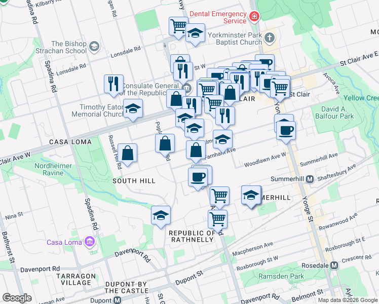 map of restaurants, bars, coffee shops, grocery stores, and more near 169 Balmoral Avenue in Toronto